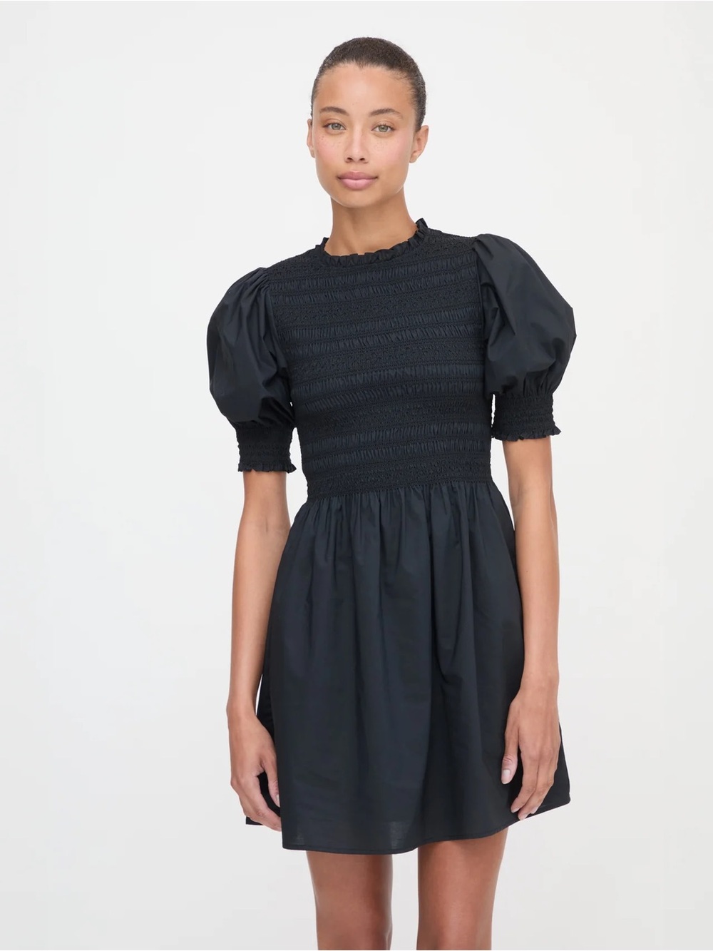 Hill House Black Smocked Puff-Sleeve Mini Dress